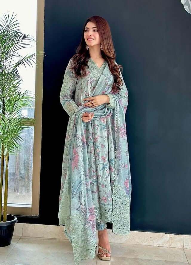 3 Piece Unstitched Embroidered Lawn Suit ( Fine Printed Silk Dupatta )